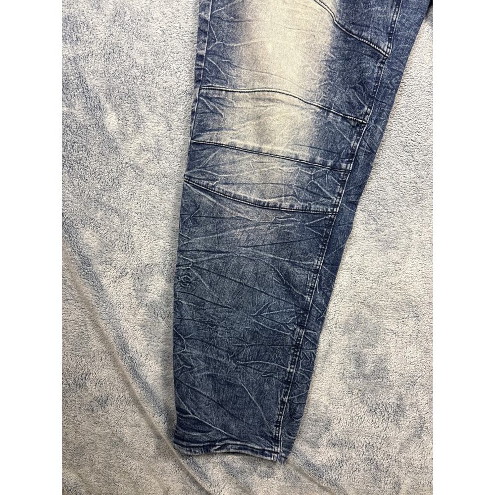Blue Cult Mens 44 Blue Acid Wash Moto Denim Jeans Whiskered Crinkled Streetwear - Picture 3 of 16